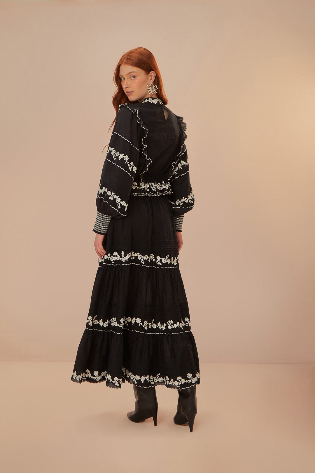 Black Embroidered Ruffle Maxi Skirt