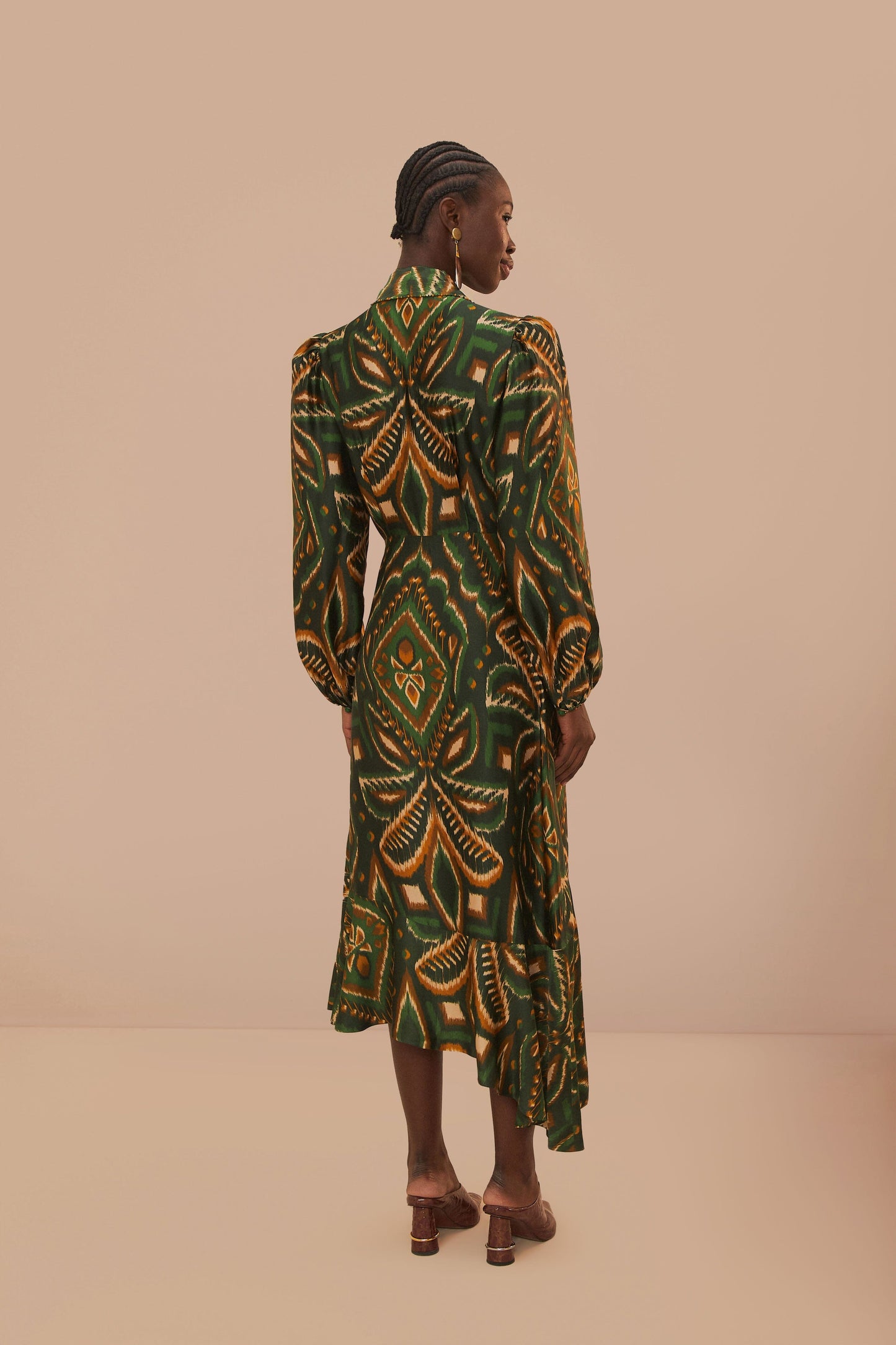 Green Pineapple Ikat Long Sleeve Midi Dress