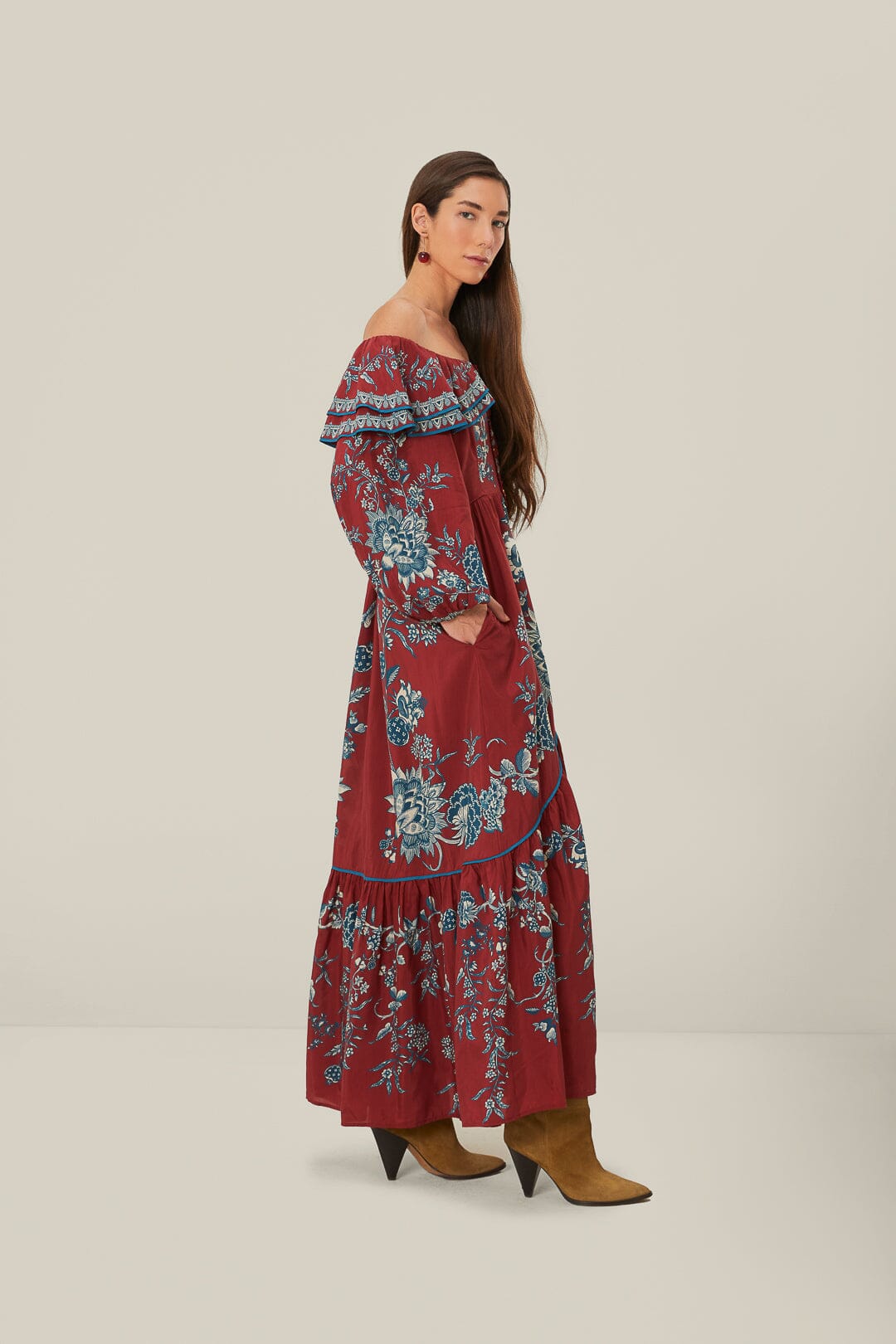 Red Tropical Landing Off Shoulder Maxi Dress