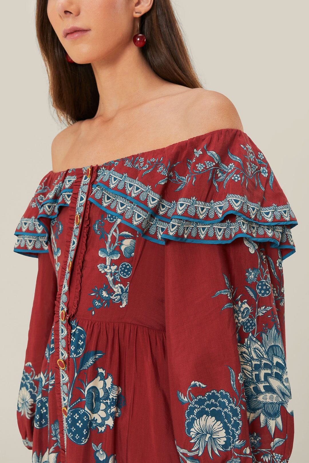 farm rio long-sleeve off-the-shoulder ruffled maxi dress Armoire