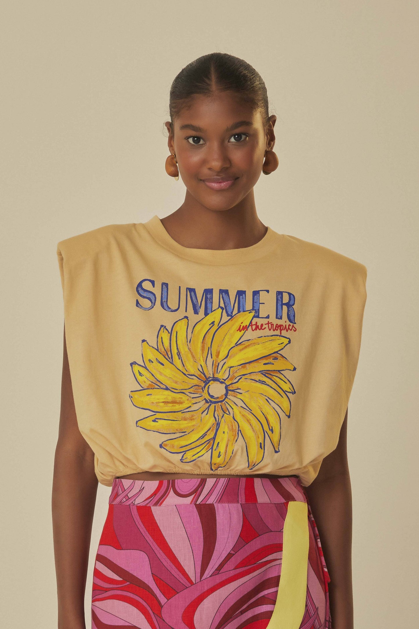 Beige Summer In The Tropics Shoulder Pad Organic Cotton T-Shirt