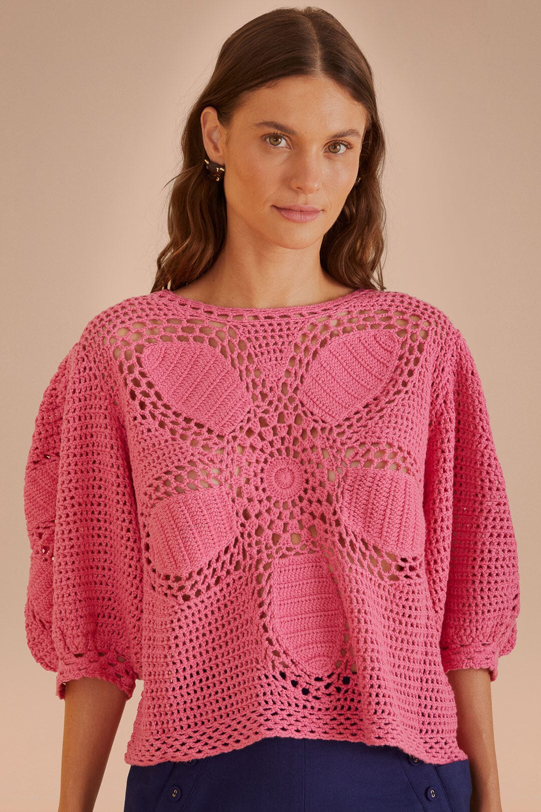Blush Flower Draw Crochet Blouse
