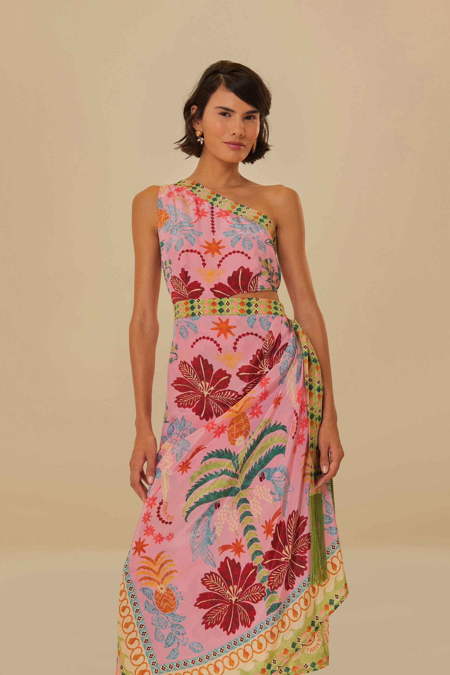Pink Fruits Queen Scarf One Shoulder Maxi Dress