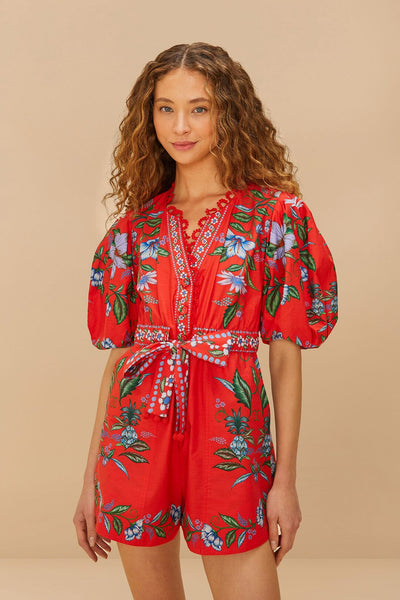 Farm Rio- Sweet Bloom Bouquet Romper Red / L