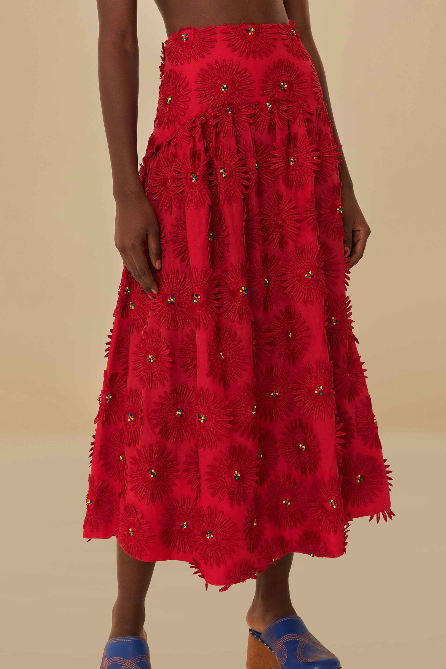 Red Daisy Flower Midi Skirt