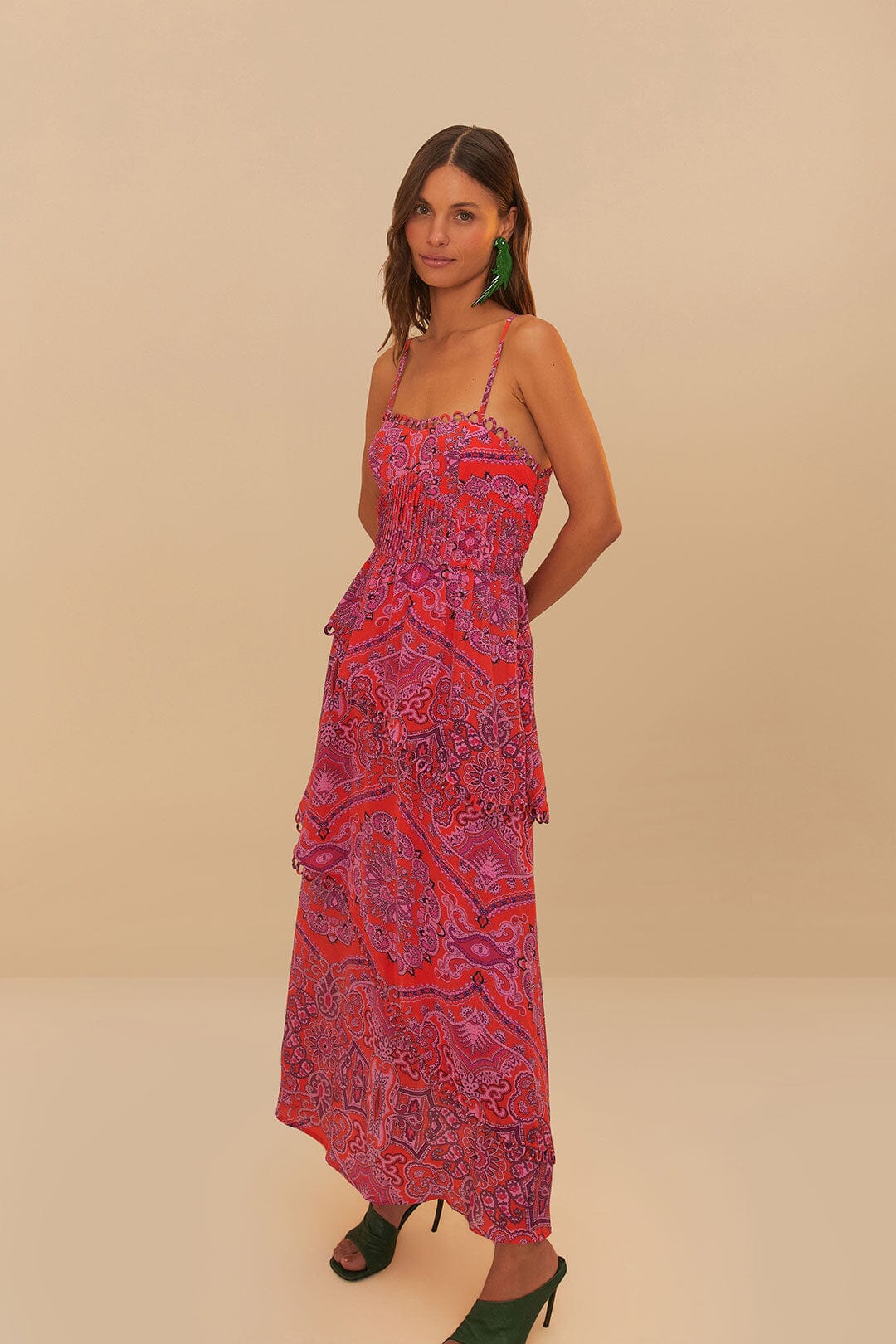 Red Paisley Scarf Loopy Trim Maxi Dress