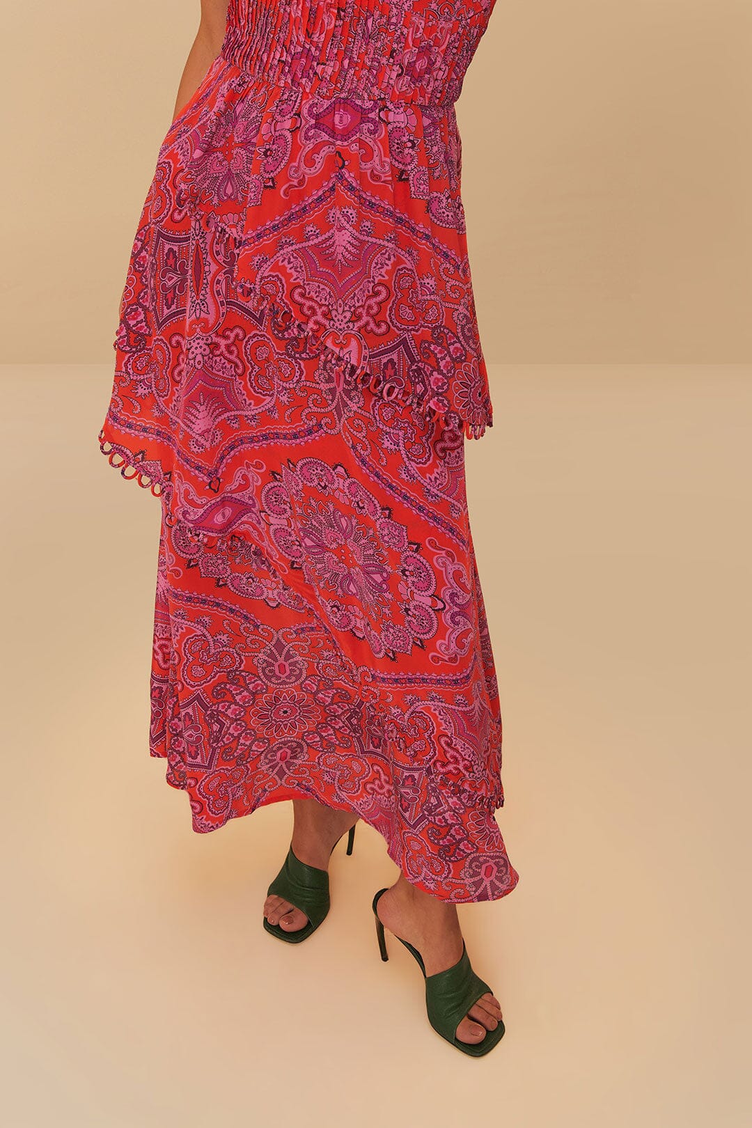 Red Paisley Scarf Loopy Trim Maxi Dress