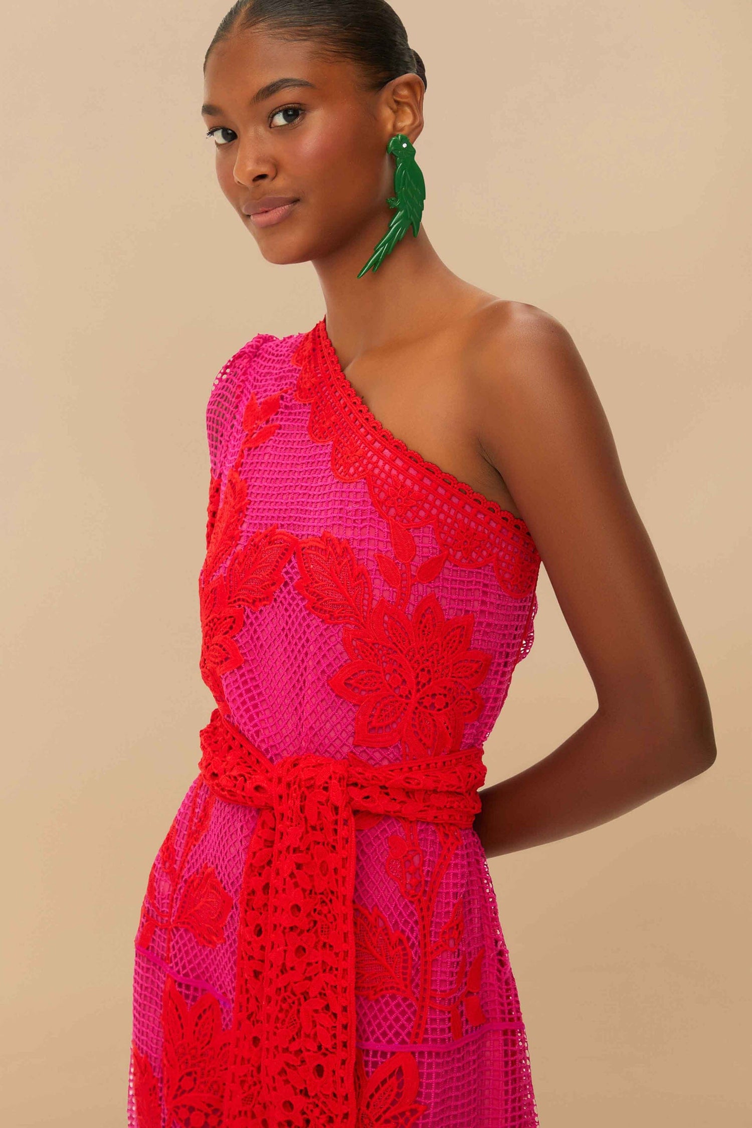 Bicolor Guipure One-Shoulder Maxi Dress