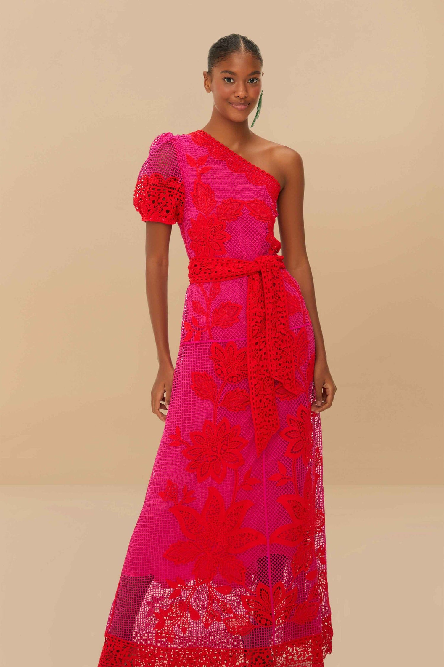 Bicolor Guipure One-Shoulder Maxi Dress