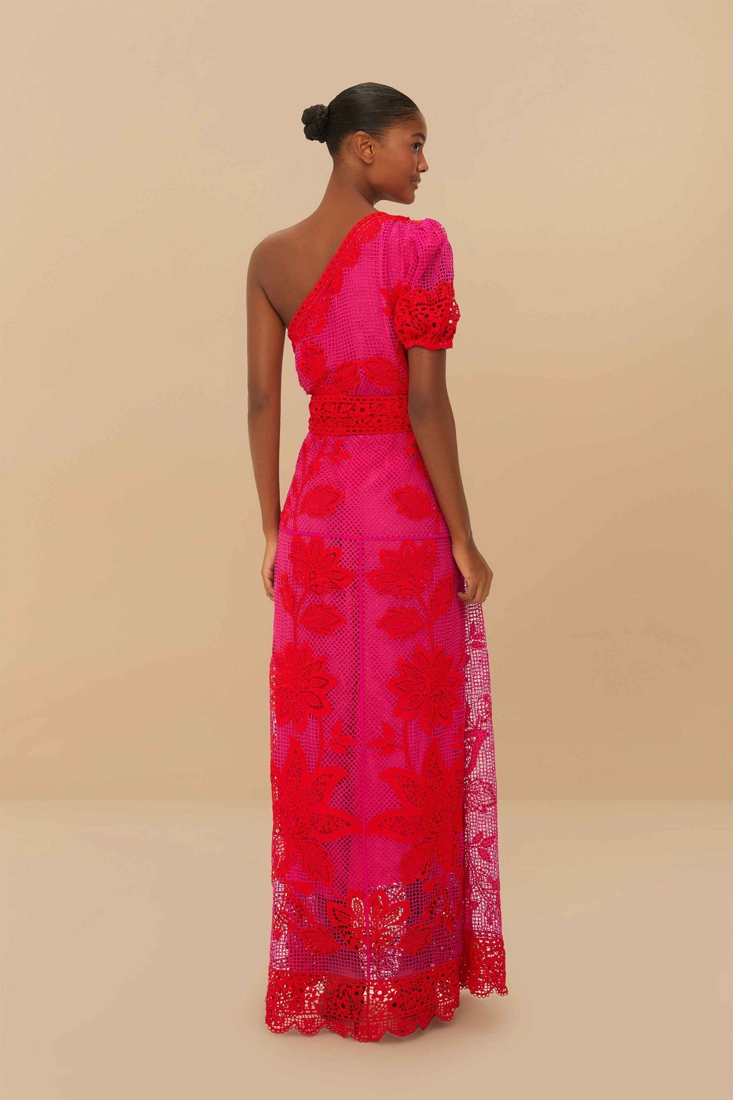 Bicolor Guipure One-Shoulder Maxi Dress