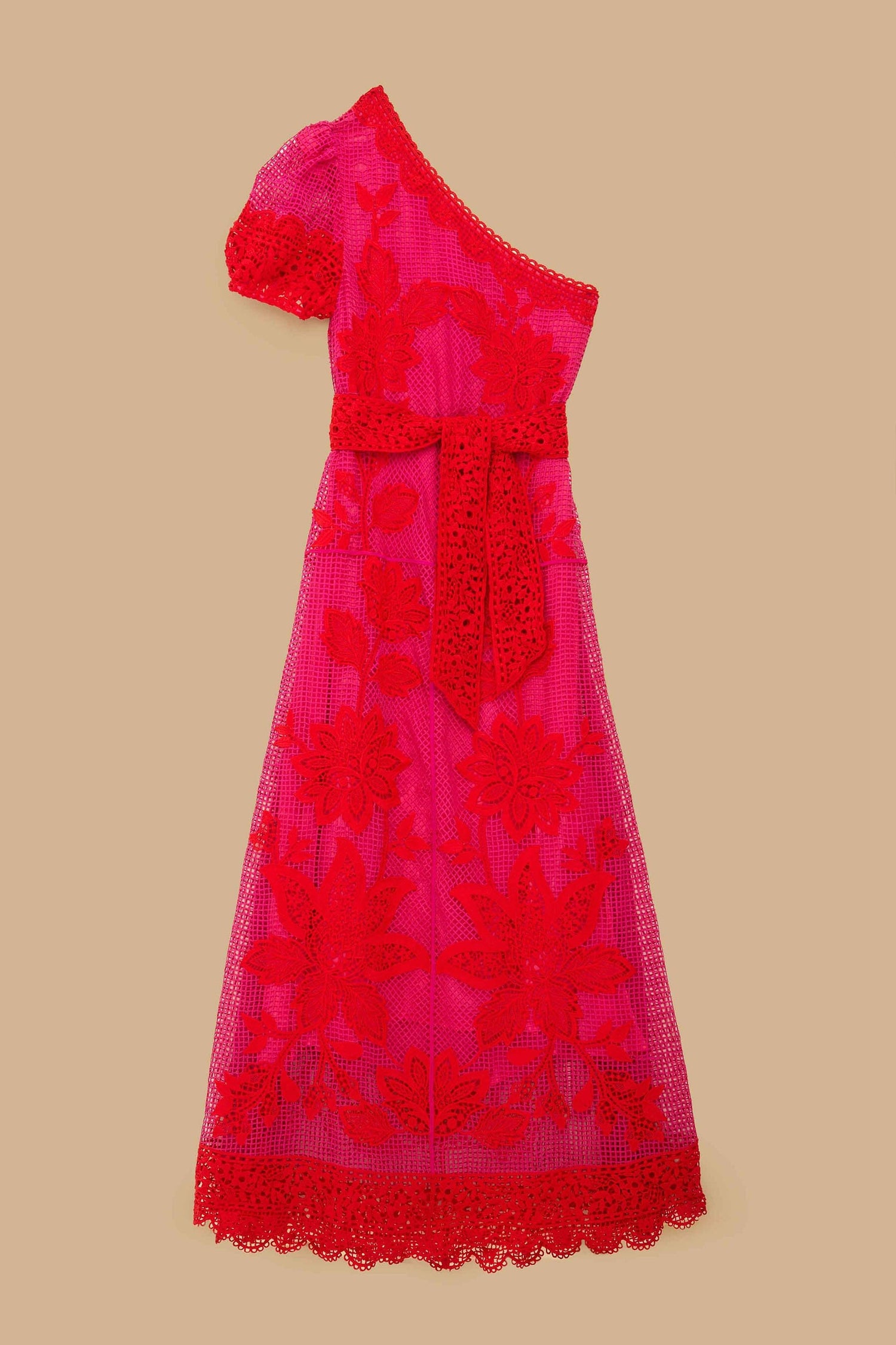 Bicolor Guipure One-Shoulder Maxi Dress