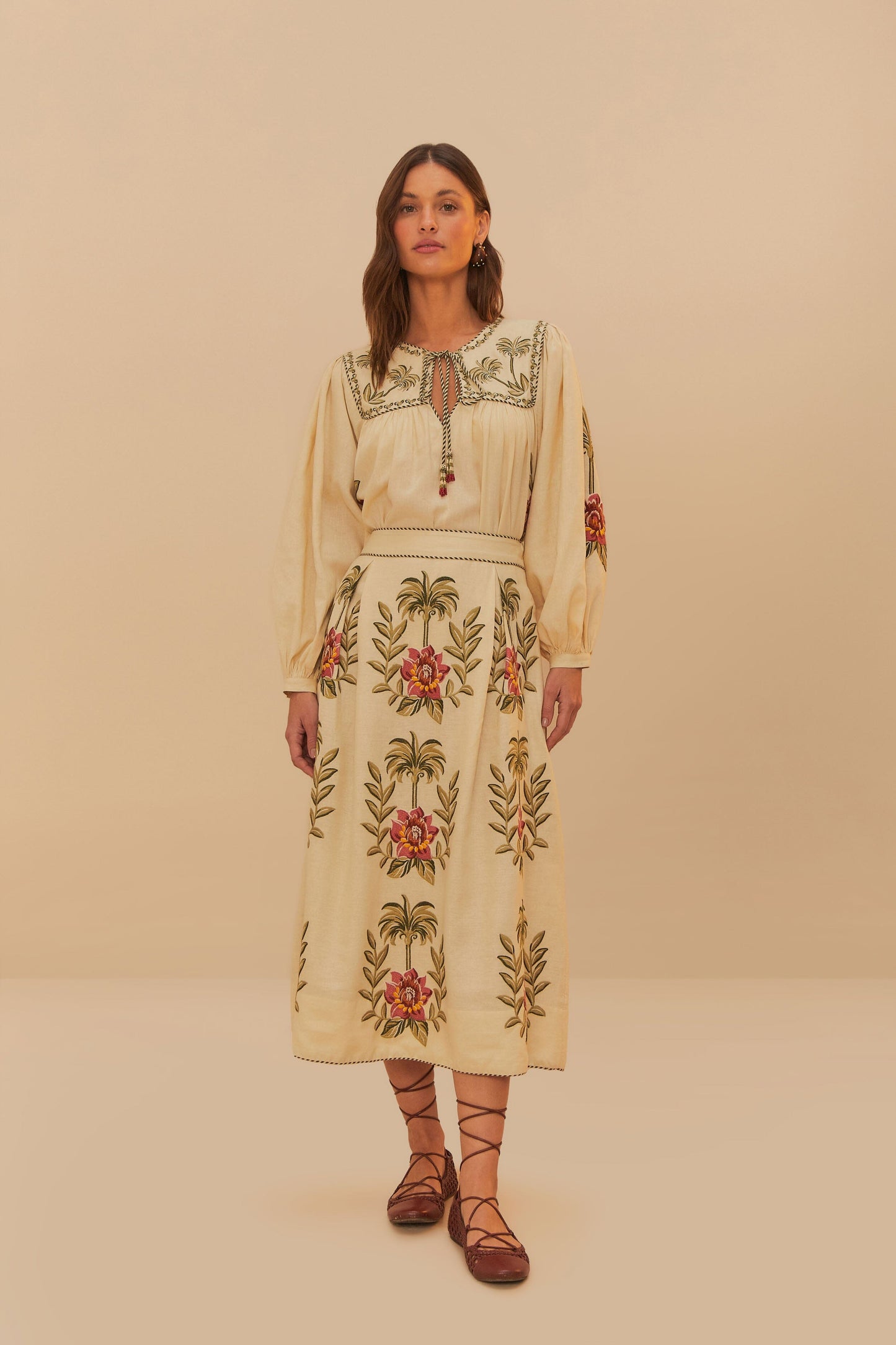 Sand Tropical Flower Embroidered LENZING™ ECOVERO™ Euroflax™ Maxi Skirt