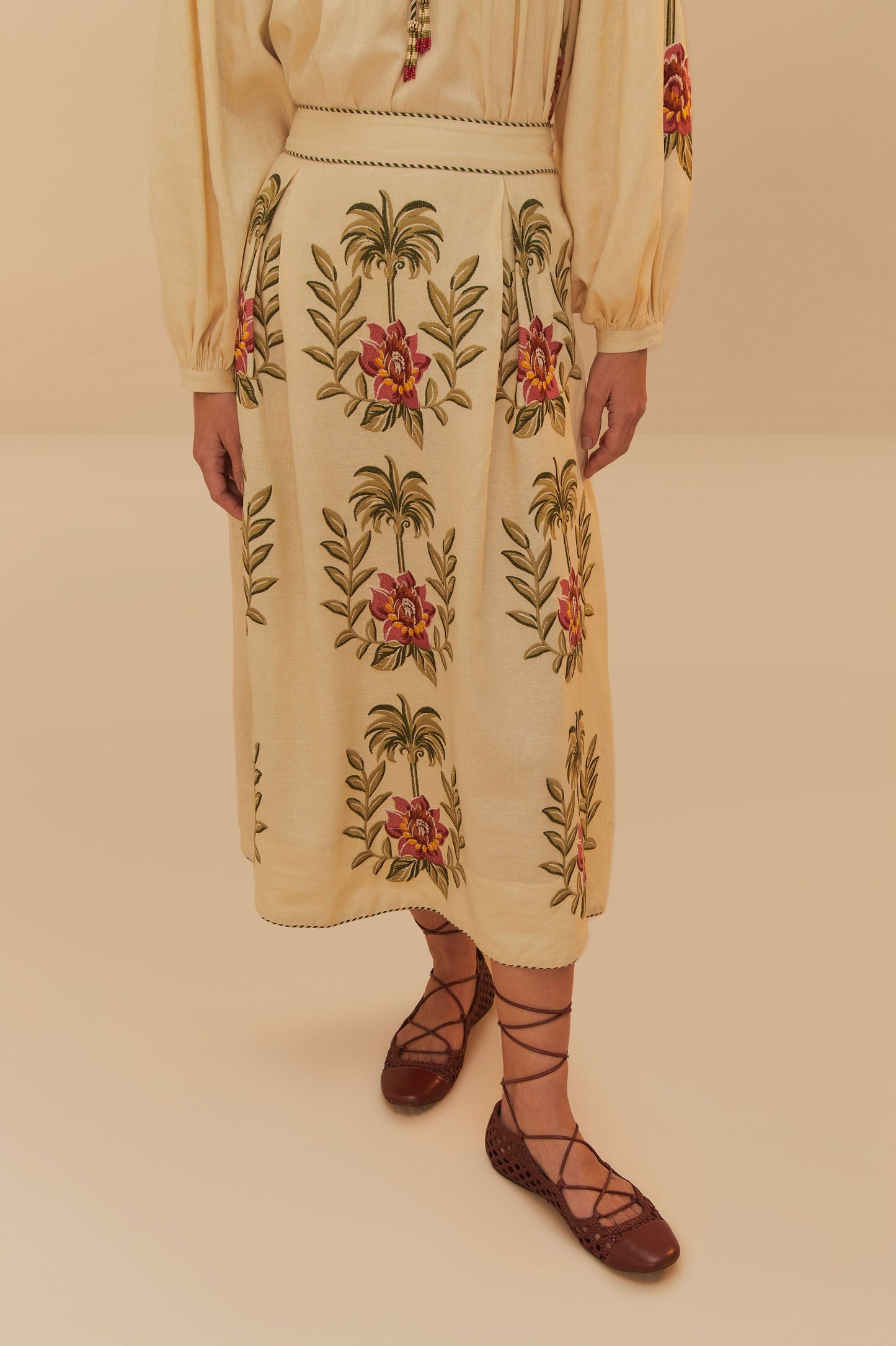 Sand Tropical Flower Embroidered LENZING™ ECOVERO™ Euroflax™ Maxi Skirt