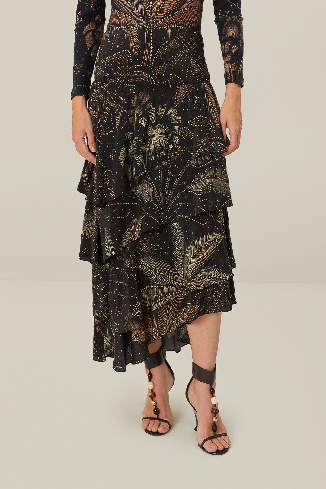 Black Golden Foliage Ruffled Skirt