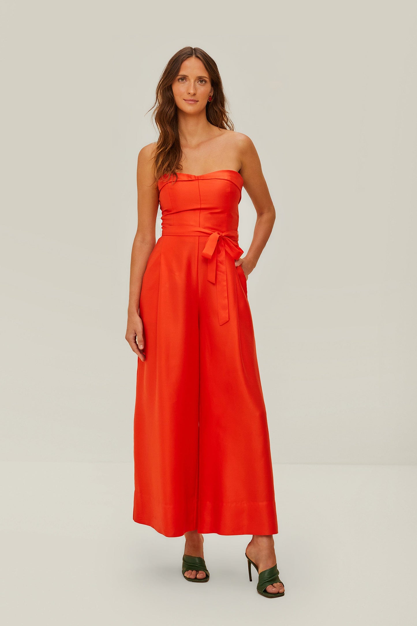 Red Strapless Straight Neckline Jumpsuit