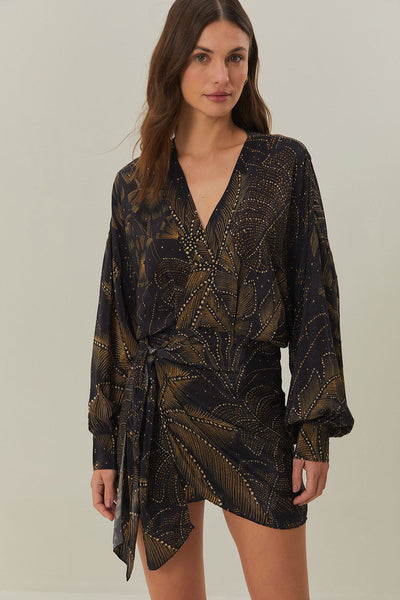 Black Golden Foliage Mini Dress FARM Rio Black Golden Foliage Mini Dress FARM Rio