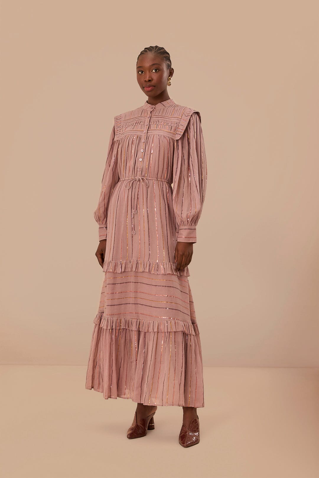 Light Pink Pleated Yoke Tiered Maxi Dress