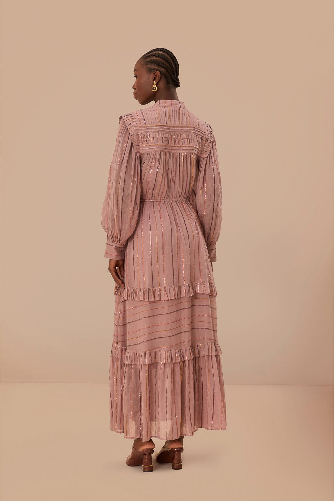 Light Pink Pleated Yoke Tiered Maxi Dress