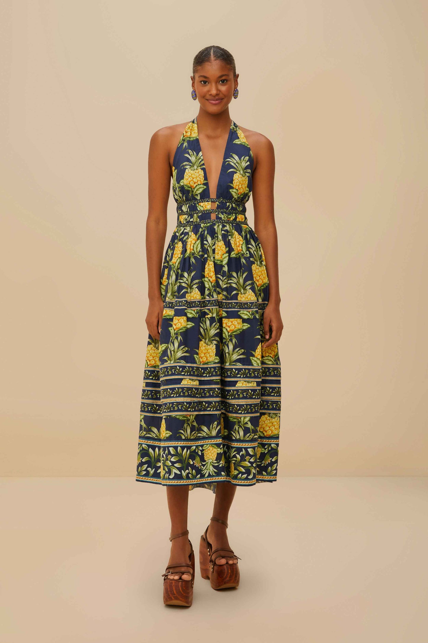 Delicate Pineapple Navy Blue Midi Dress Sleeveless