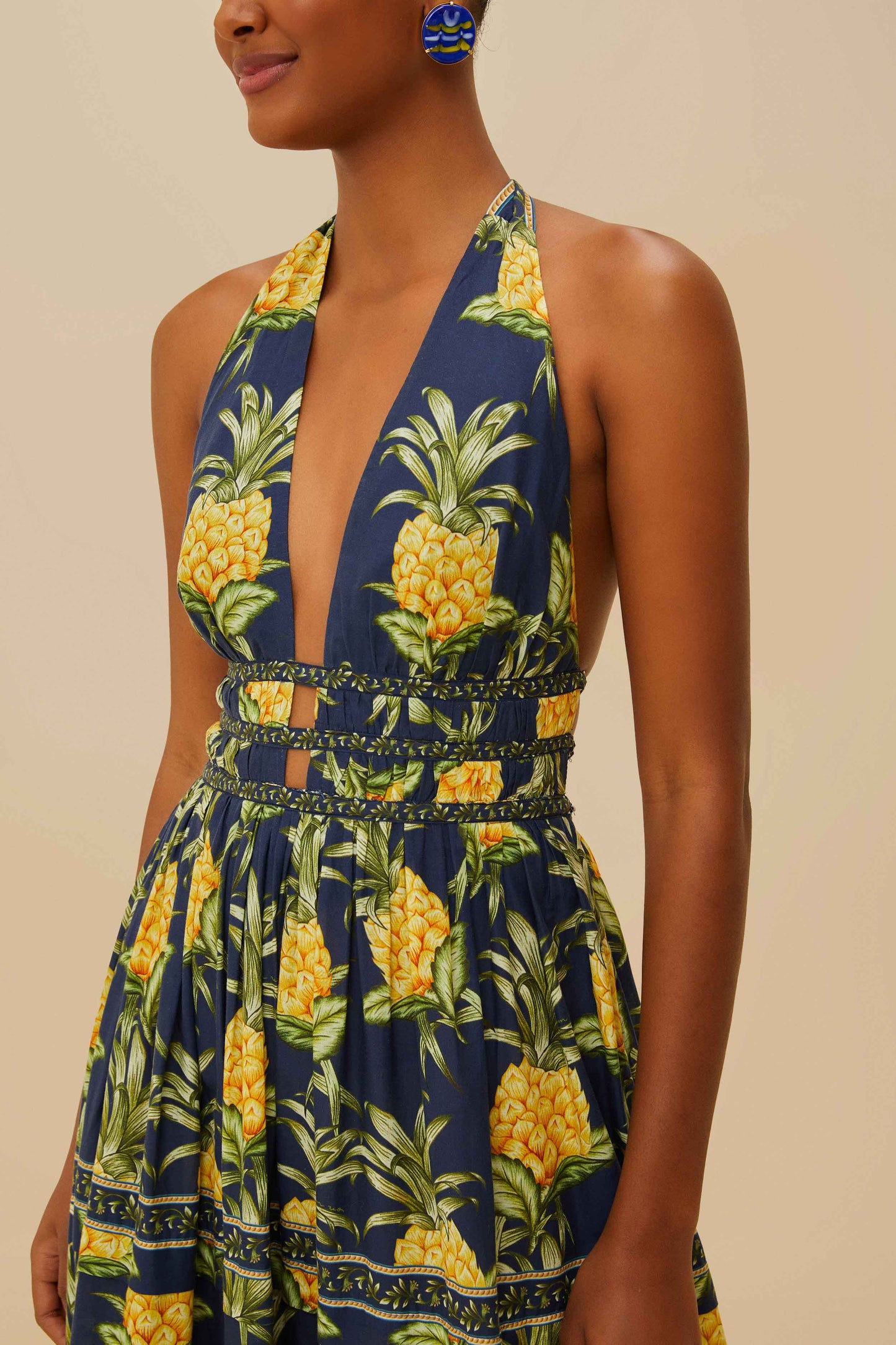 Delicate Pineapple Navy Blue Midi Dress Sleeveless