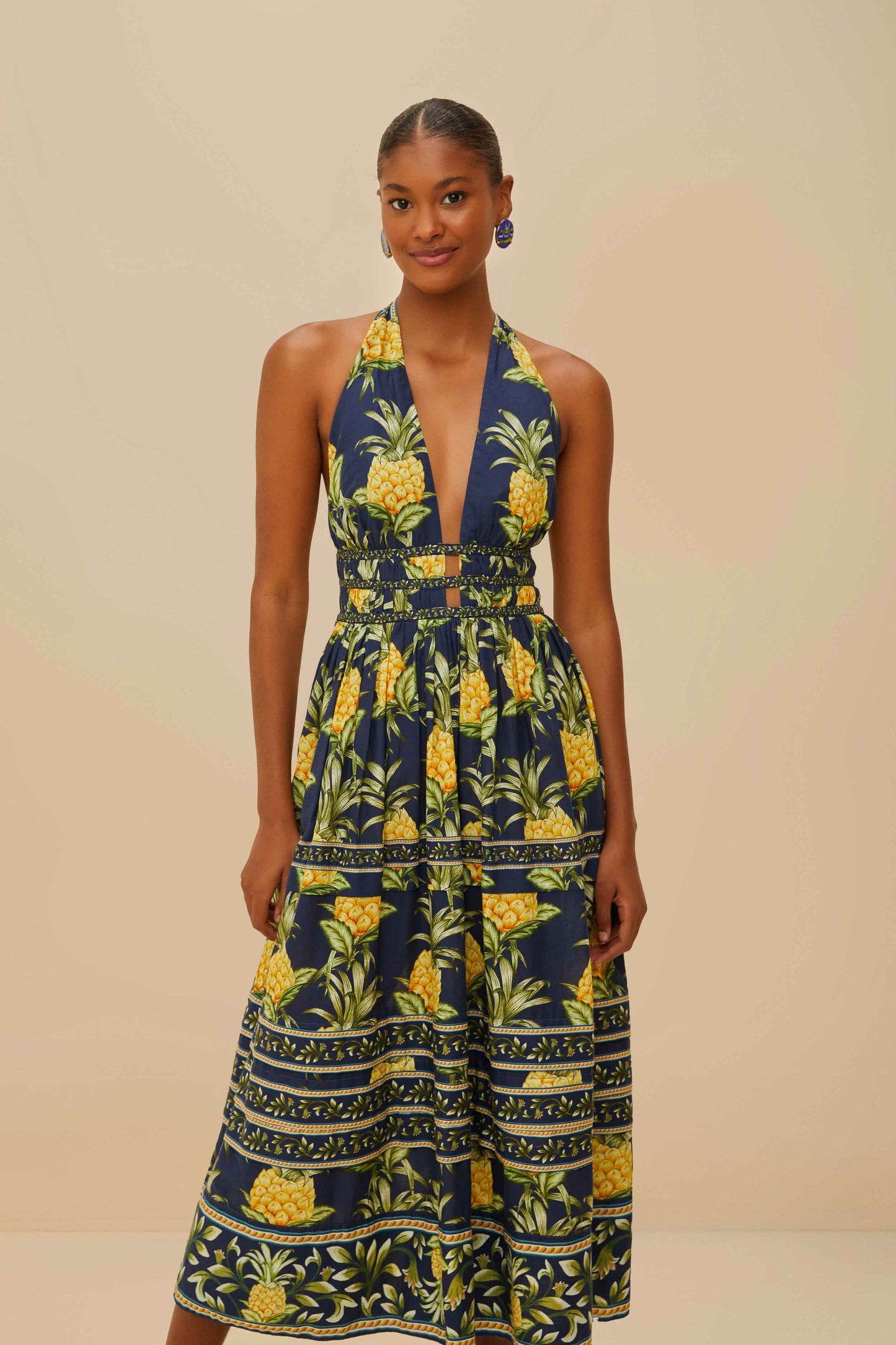 Delicate Pineapple Navy Blue Midi Dress Sleeveless