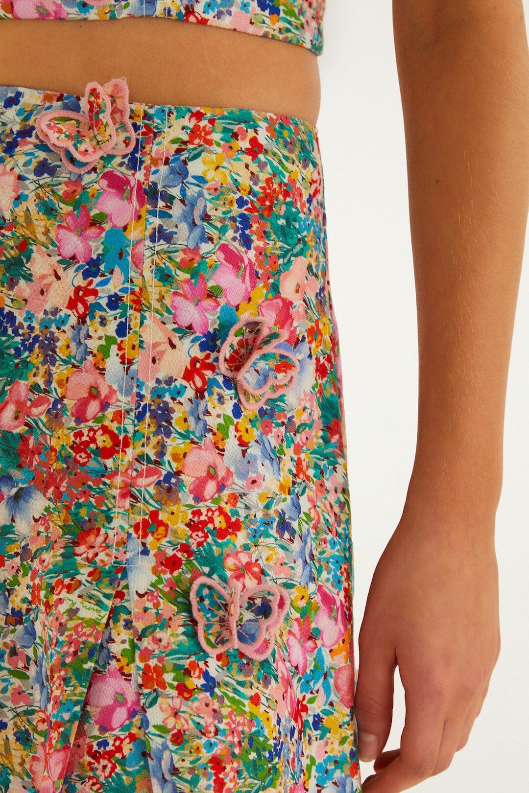 Off-White Peasant Floral Butterflies Euroflax Premium Linen Maxi Skirt