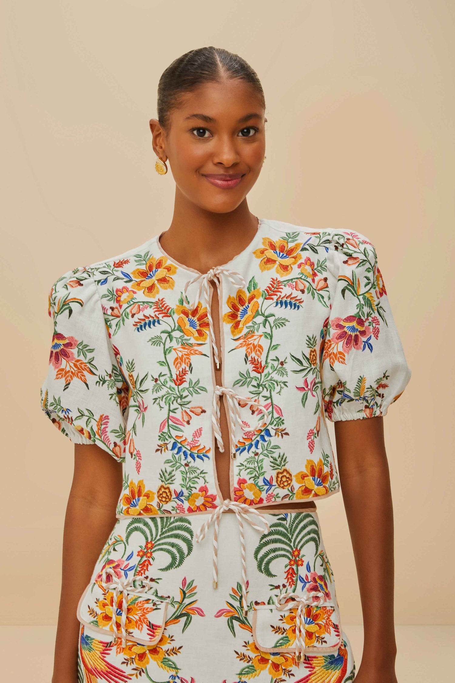 Off-White Delicate Forest Scarves Euroflax™ Premium Linen Blouse