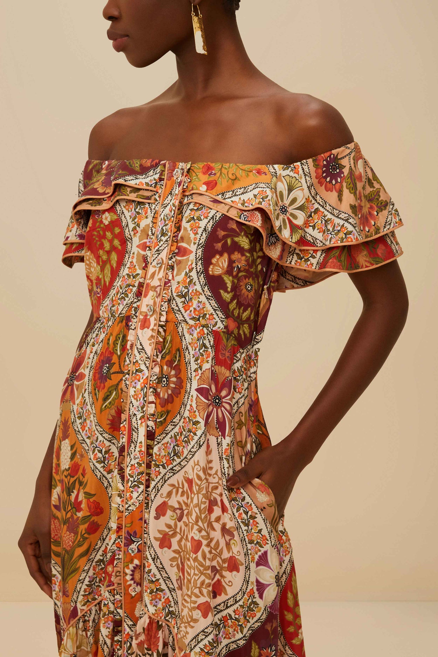 Multicolor Romantic Nature Off-Shoulder Maxi Dress