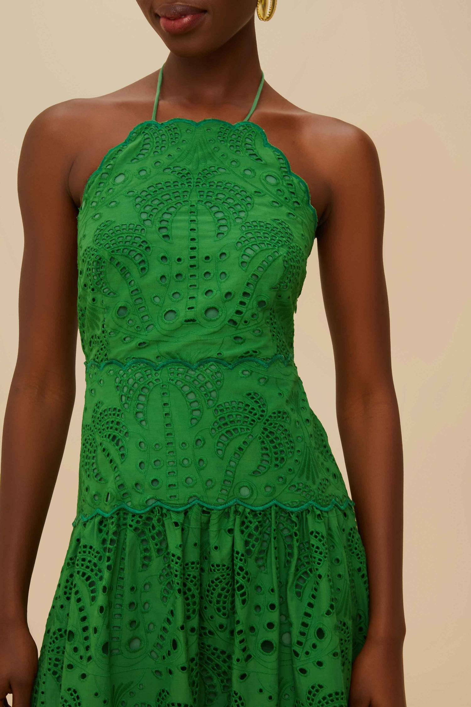 Green Palm Tree Eyelet Halter Neck Midi Dress