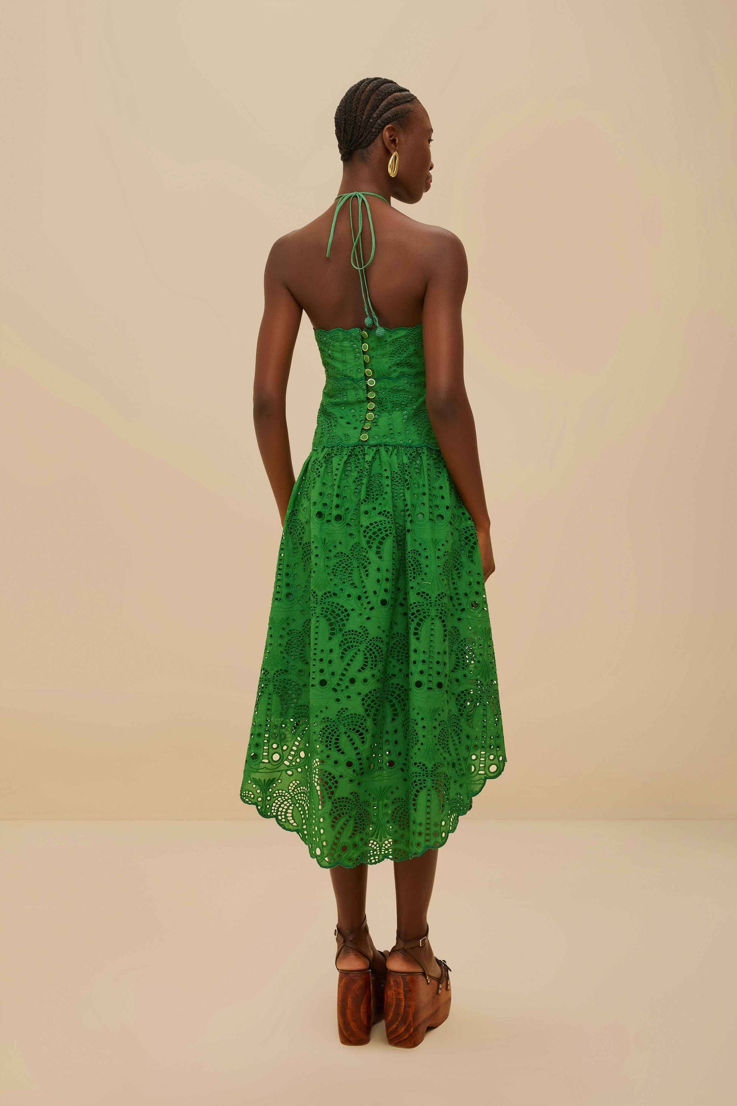 Green Palm Tree Eyelet Halter Neck Midi Dress