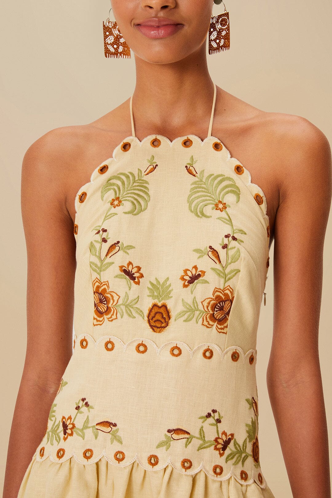 Sand Delicate Forest Richelieu Embroidered Euroflax™ Premium Linen Midi Dress