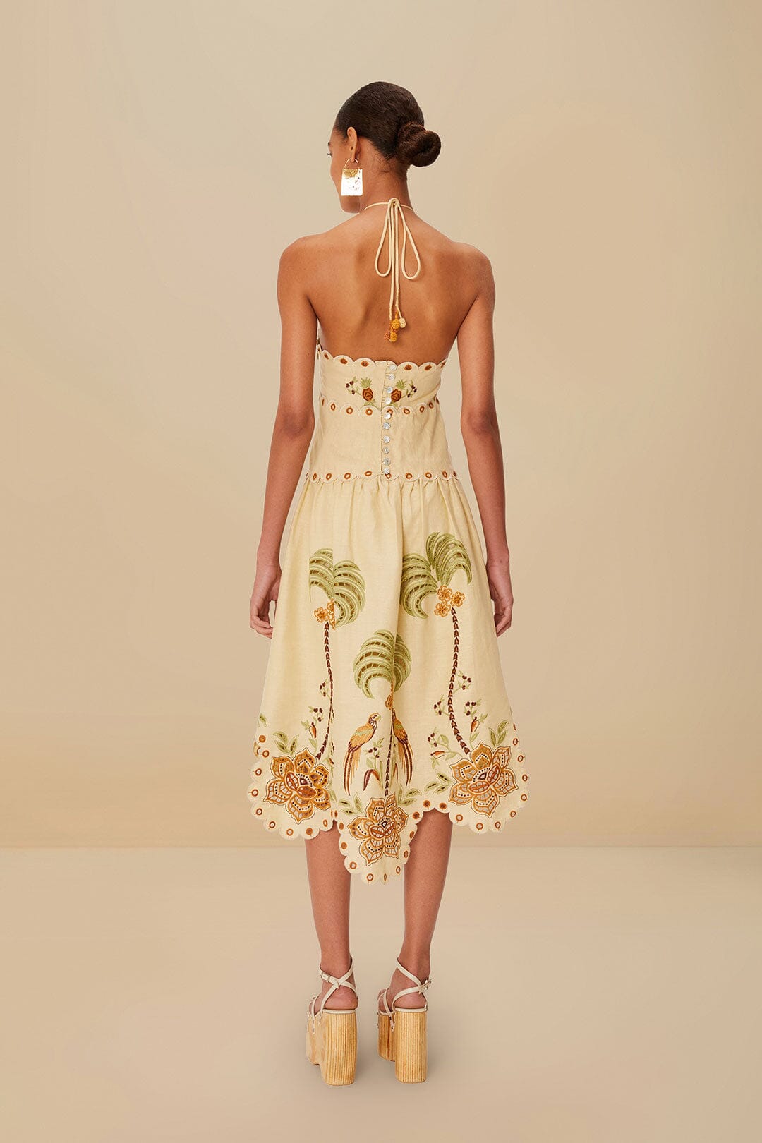 Sand Delicate Forest Richelieu Embroidered Euroflax™ Premium Linen Midi Dress