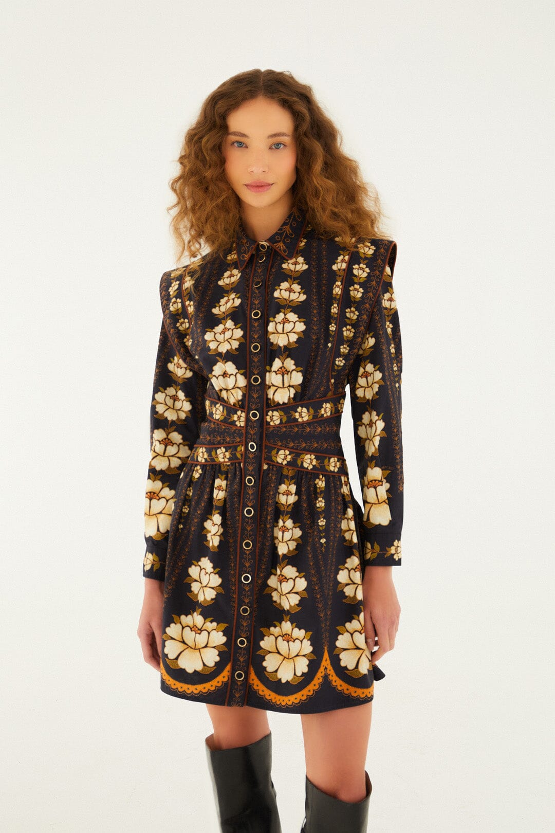 Black Embroidered Flowers Long Sleeve Organic Cotton Mini Dress | FARM Rio