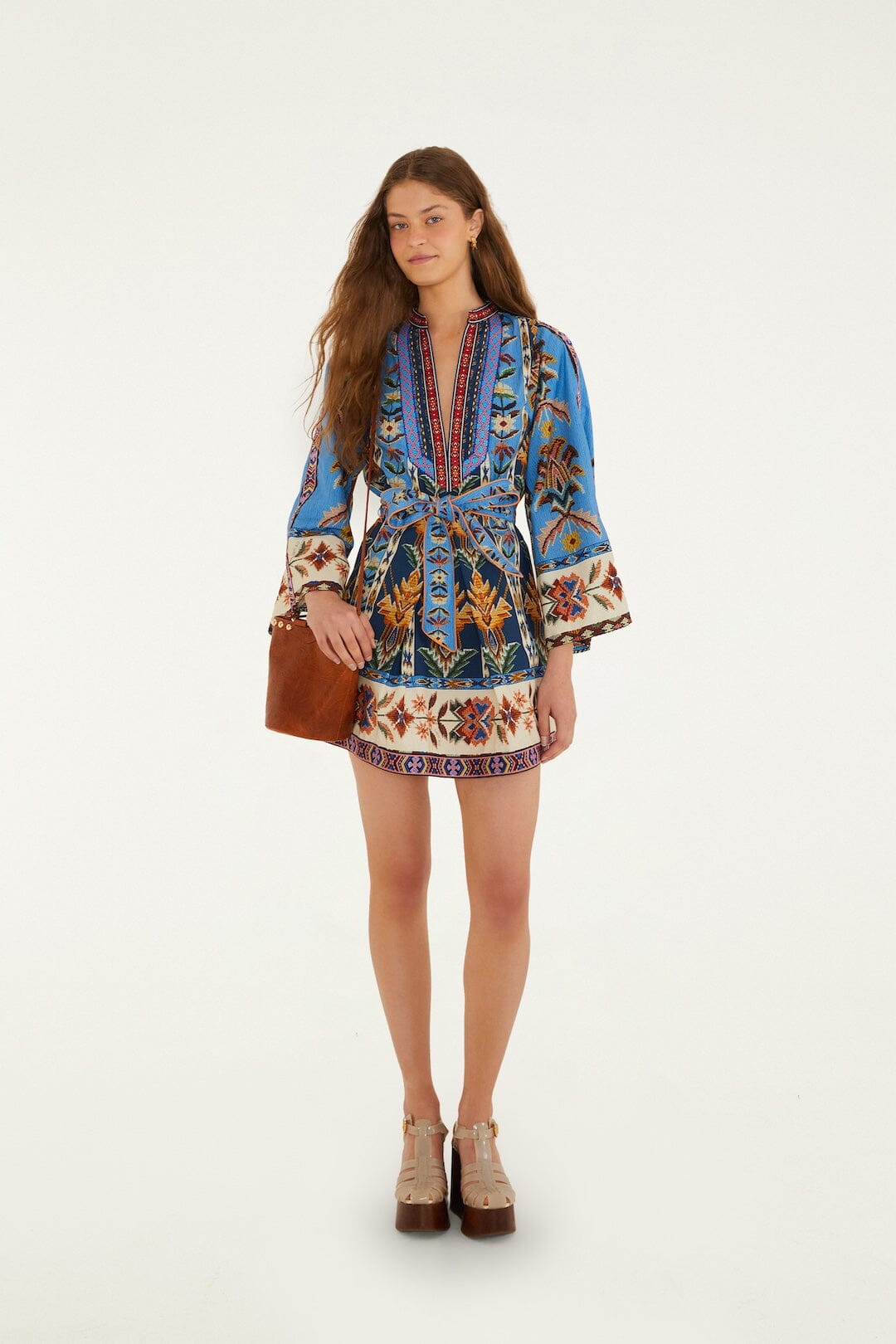 Blue Embroidered Tapestry Organic Cotton Mini Dress