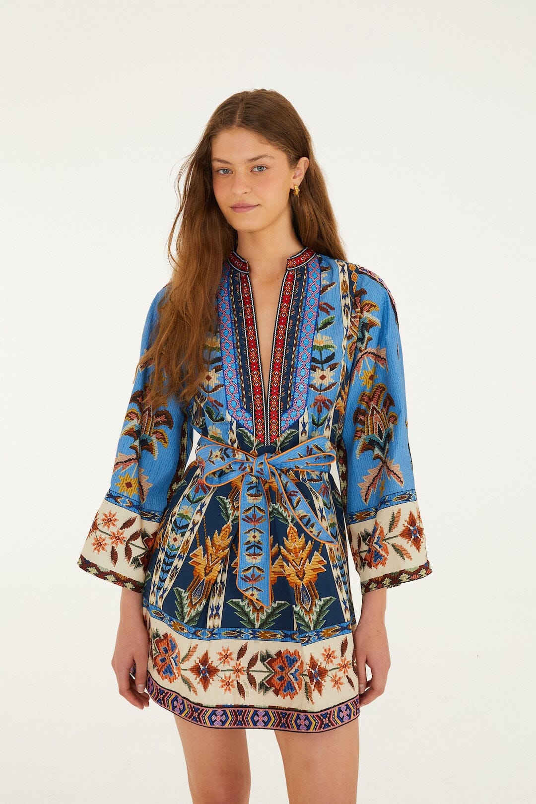 Blue Embroidered Tapestry Organic Cotton Mini Dress | FARM Rio Blue Embroidered Tapestry Organic Cotton Mini Dress | FARM Rio