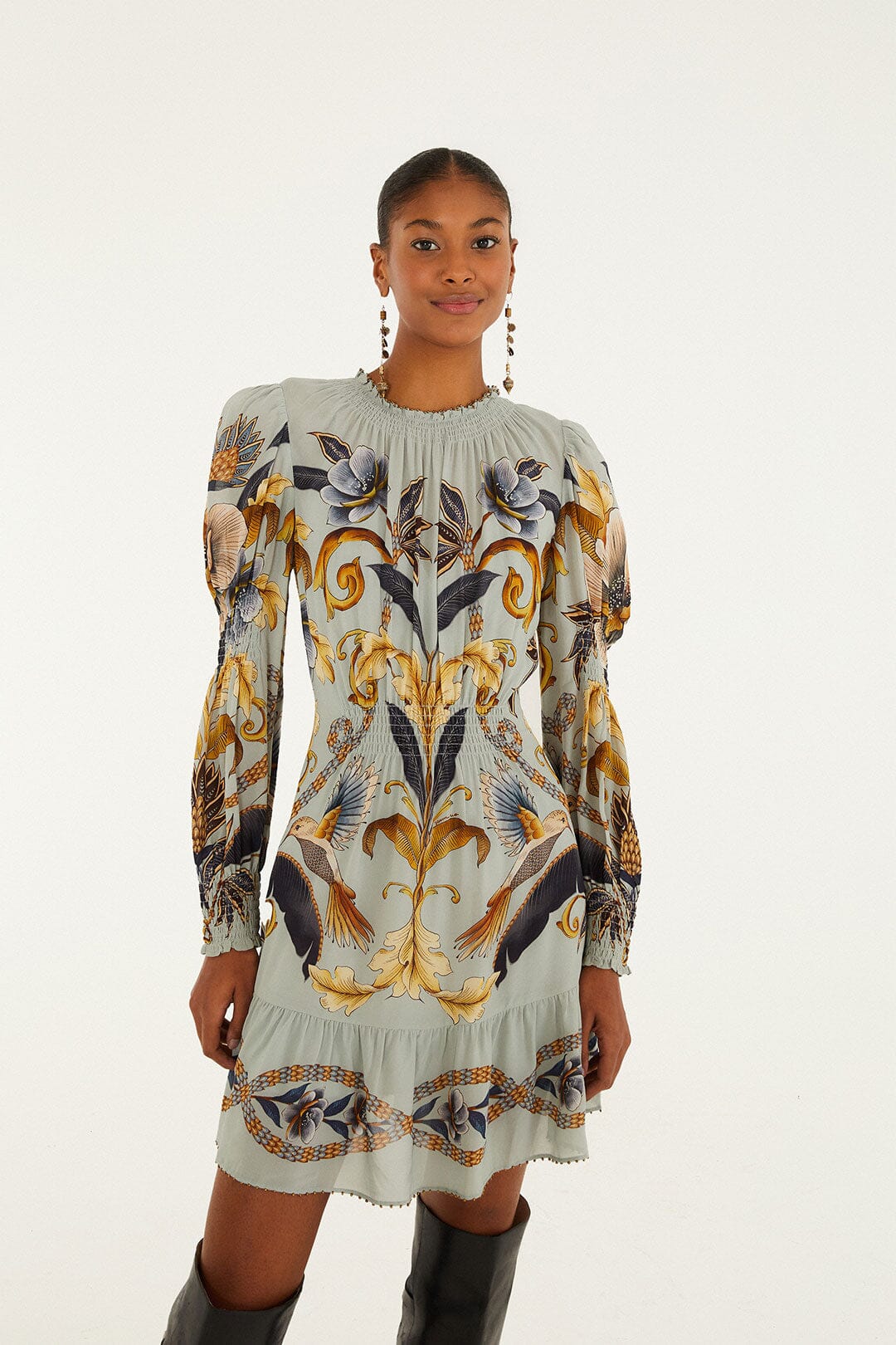 Blue Snake Garden Long Sleeve Mini Dress