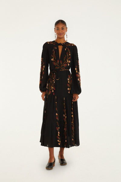 Farm Rio Black Berry Garden Long Sleeve Pleated Maxi Dress, Berry Garden Black / XXS