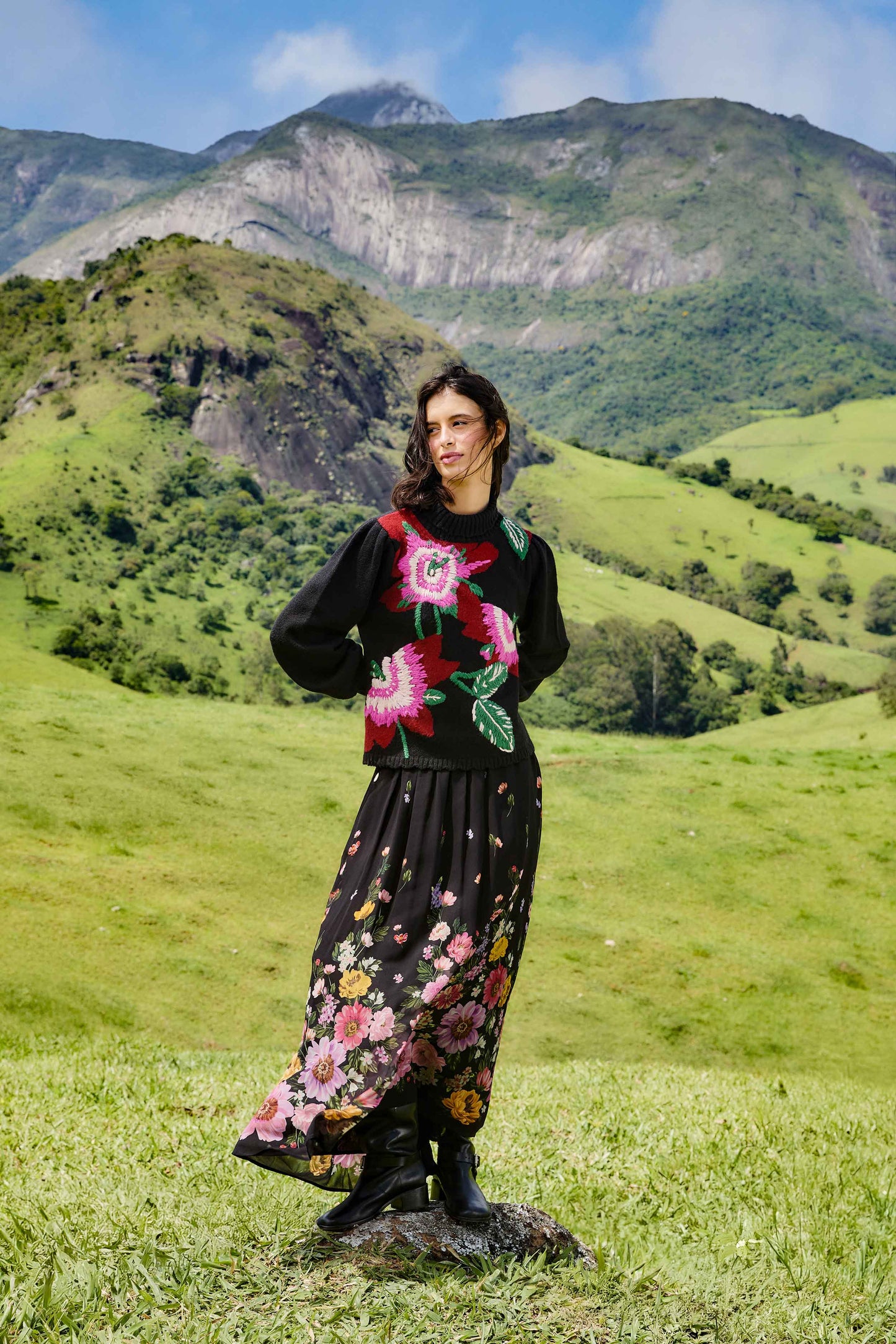 Black Bold Colorful Flower Embroidered Knit Sweater