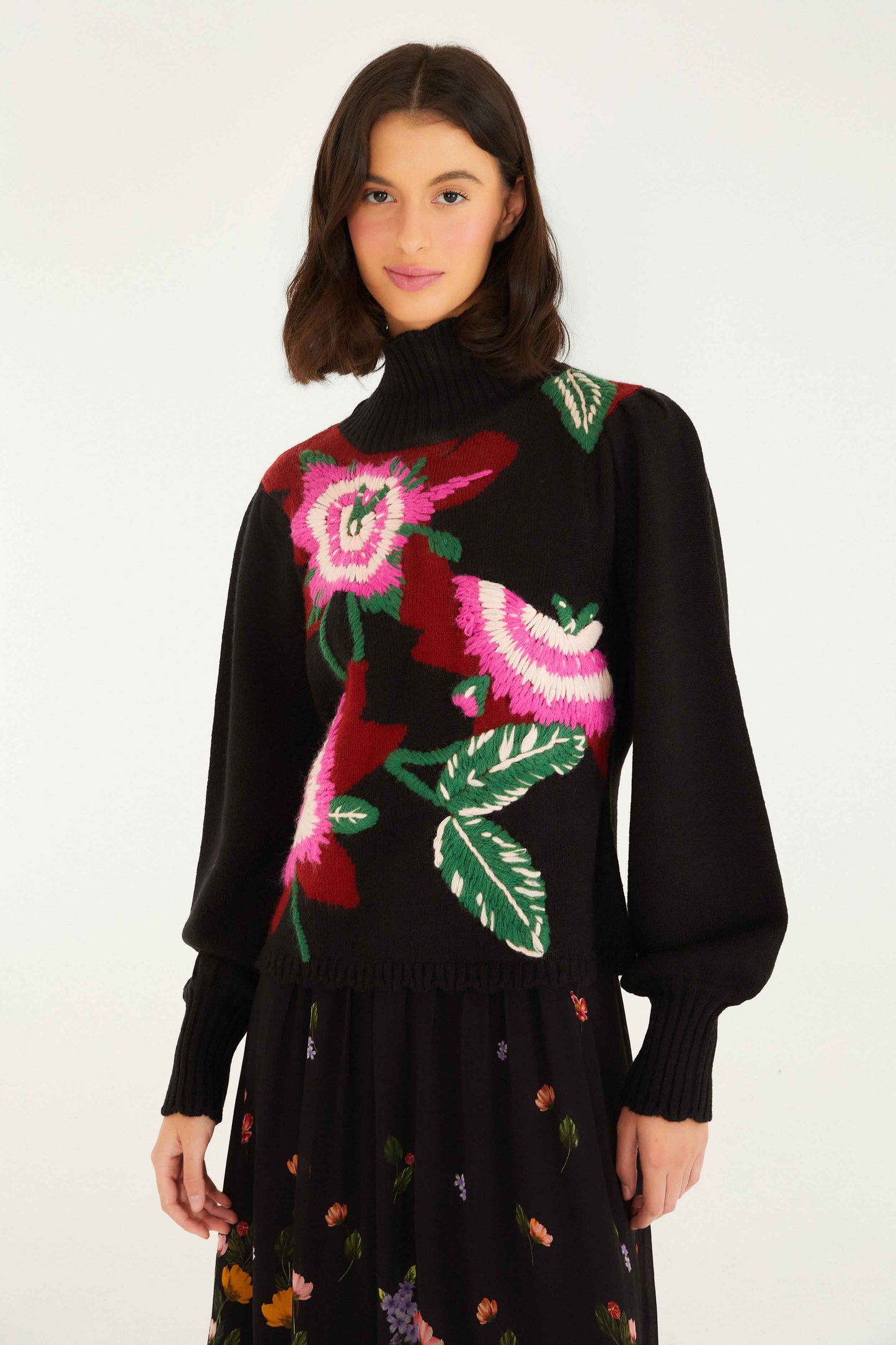 Black Bold Colorful Flower Embroidered Knit Sweater