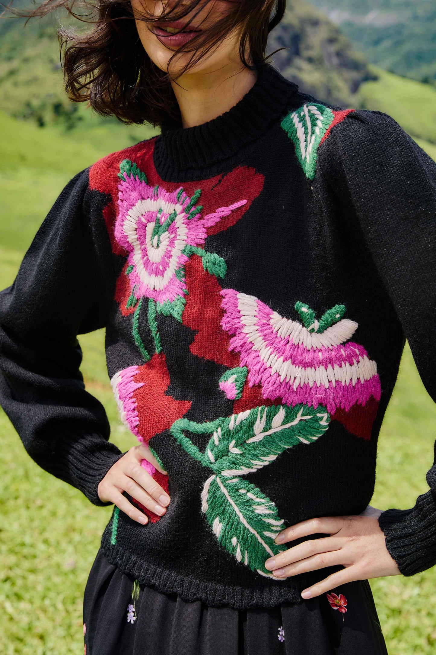 Black Bold Colorful Flower Embroidered Knit Sweater