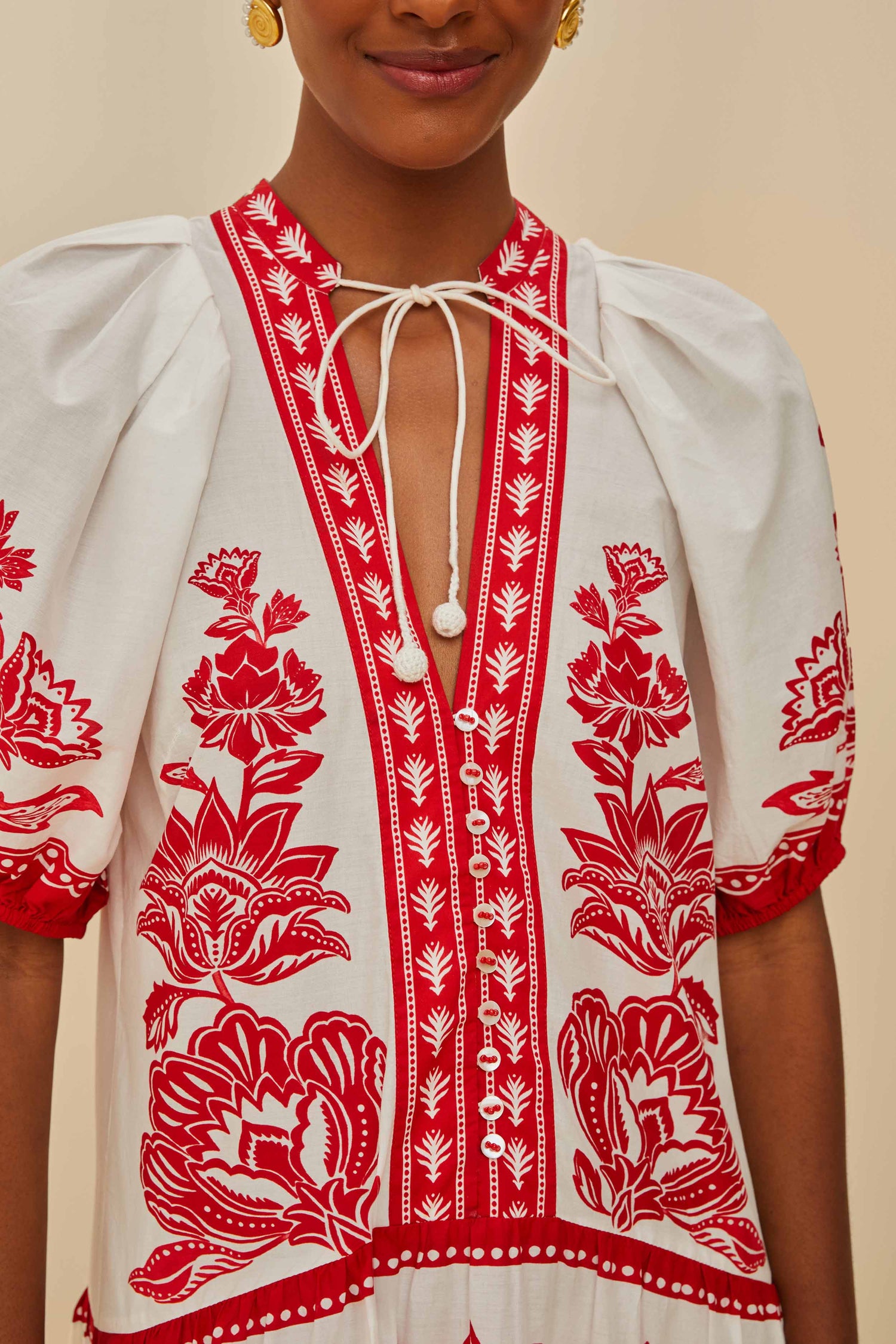 Off-White Boho Garden Short Sleeve Midi Dress