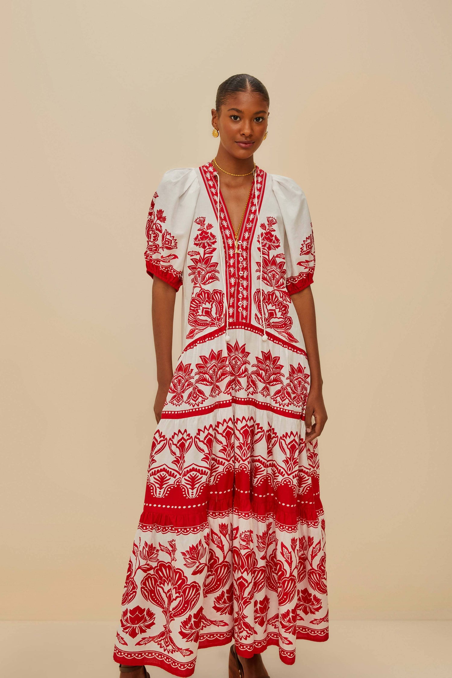 Off-White Boho Garden Short Sleeve Midi Dress