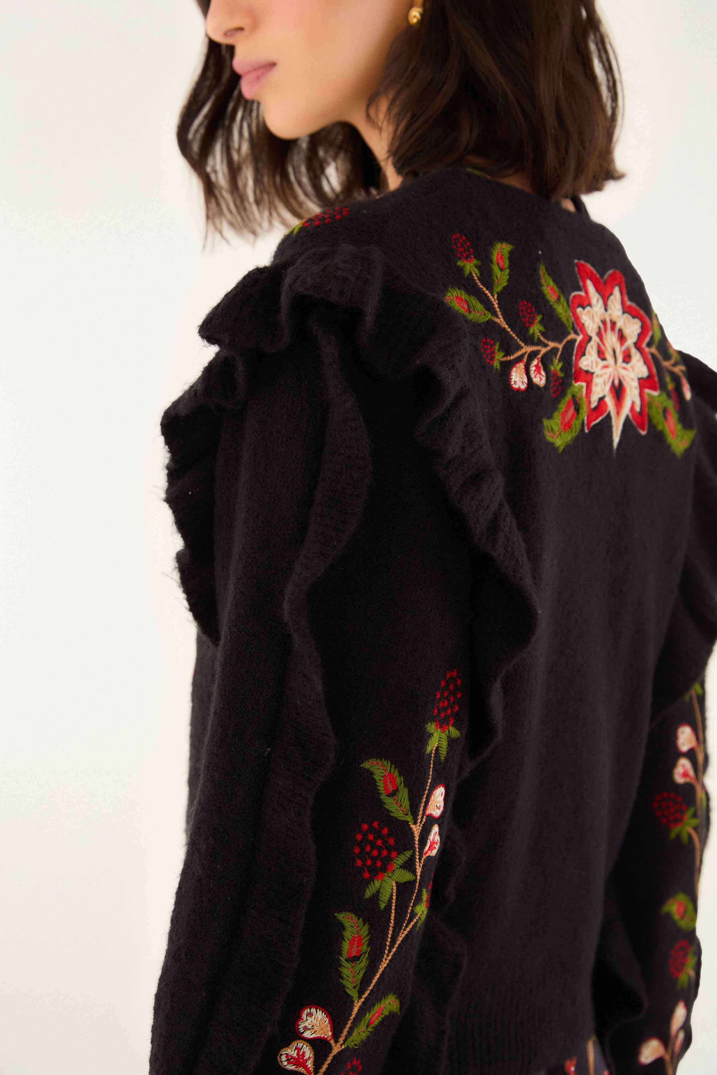 Pink Embroidery × Black Knit Cardigan Lazy Style Black Pink Love Knit Cardigan - Kawaii Fashion Shop