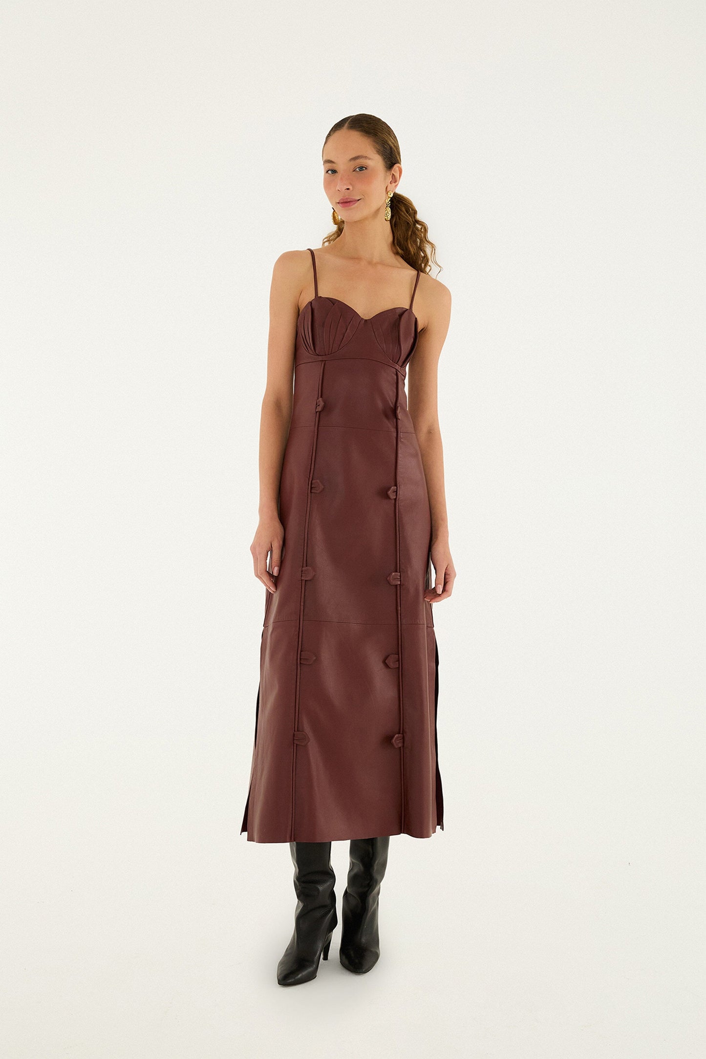 Burgundy 3d Flower Side Slit Leather Midi Dress