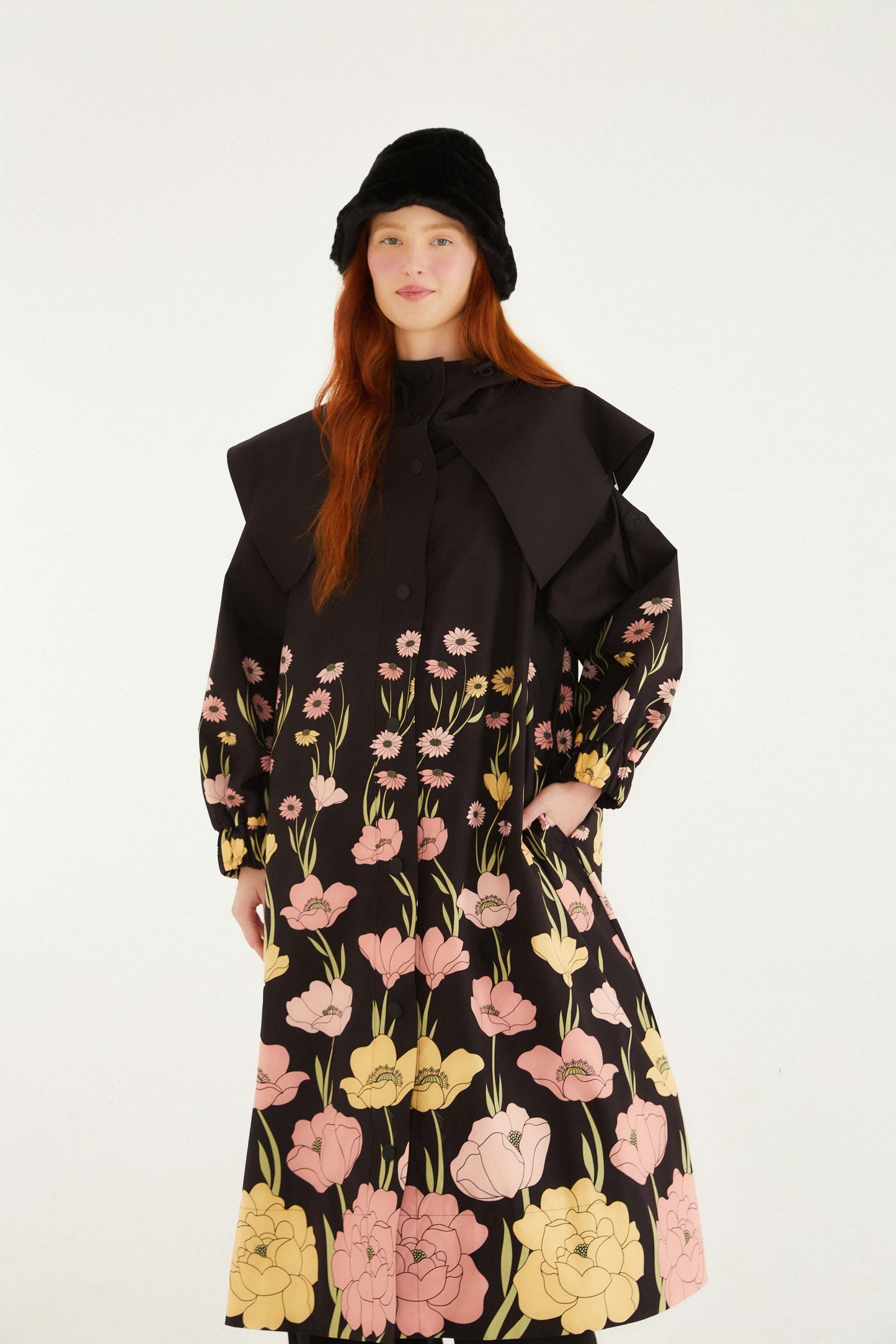 Black Growing Flowers Raincoat