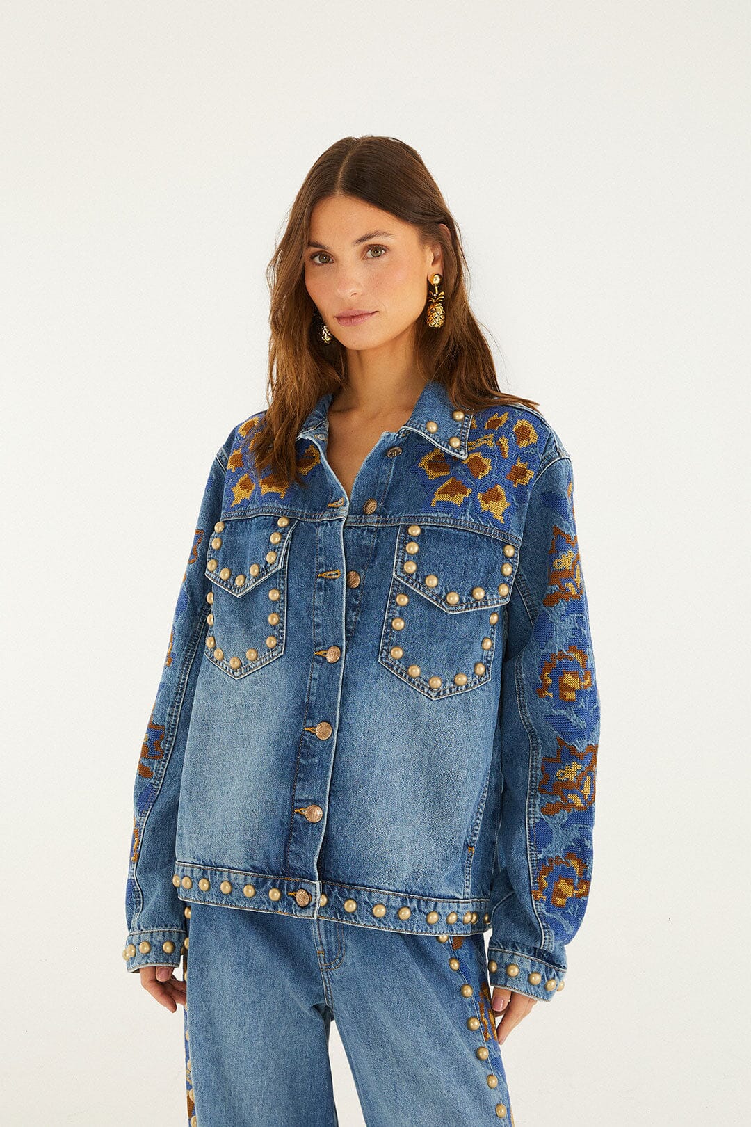 Denim Metal Details Embroidered Jacket