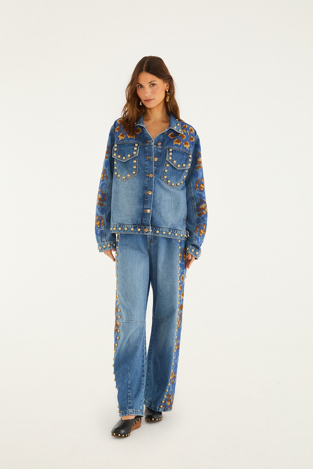 Denim Metal Details Embroidered Jacket | FARM Rio