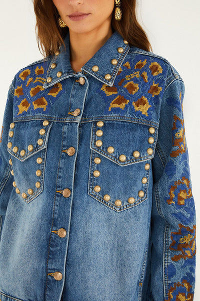 Denim Metal Details Embroidered Jacket | FARM Rio