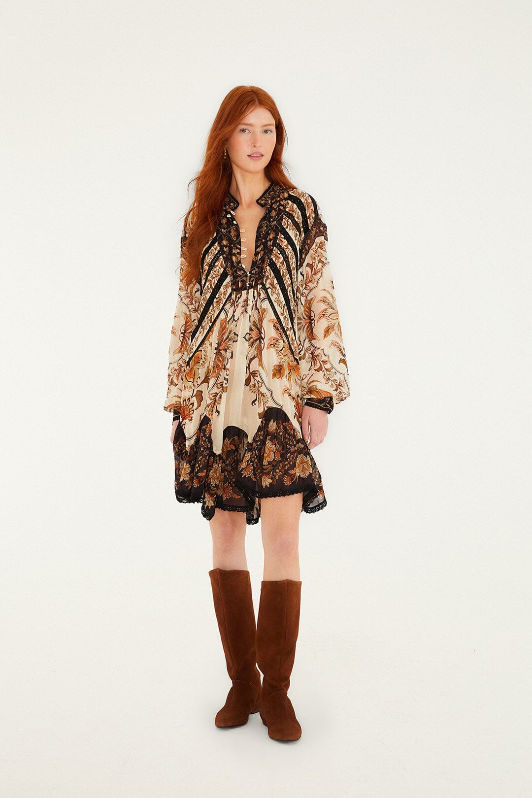 Sand Majestic Garden Lace Long Sleeve Mini Dress