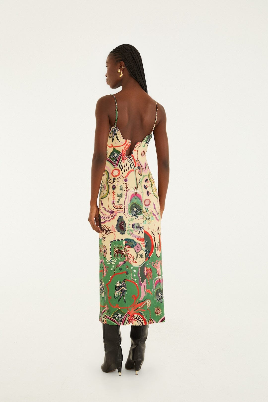 Beige Artsy Surreal Land Beaded Sleeveless Midi Dress